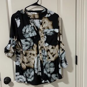 Calvin Klein Blouse Black with Gray/Blue and Tan Tie-Dye pattern